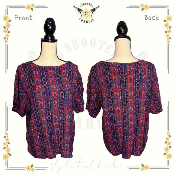 Vintage SAG HARBOR II Colorful Abstract Boho Short Sleeve Top Plus Size 20W - Picture 1 of 8